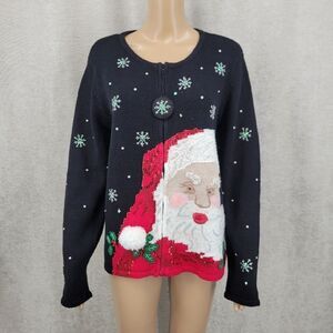 Festive Santa Women's Full Zipper Ugly Christmas Sweater Jacket Cardigan Large